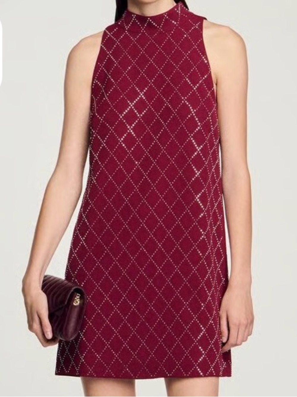 Sandro Bordeaux Jewel-Stud Diamond-Quilt Mini Dress